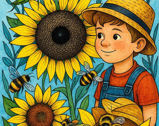 Fall Tumbler Wrap PNG – Boy with Sunflowers & Bees